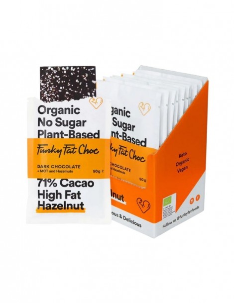Funky Fat Choc Hazelnut - 50g Tafel - Vegane Bio Schokolade mit MCTs - Box a 10 Tafeln 4.40 statt 4.90 pro Tafel - BEST BEFORE SEPTEMBER 2024