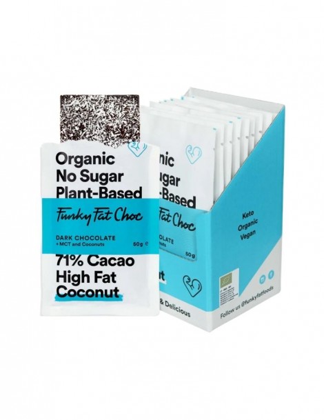 Funky Fat Choc Coconut - 50g Tafel - Vegane Bio Schokolade mit MCTs - Box a 10 Tafeln 4.40 statt 4.90 pro Tafel - BEST BEFORE MAI 2024