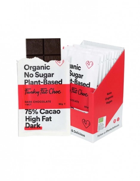 Funky Fat Choc Dark - 50g Tafel - Vegane Bio Schokolade mit MCTs - Box a 10 Tafeln 4.40 statt 4.90 pro Tafel - BEST BEFORE SEPTEMBER 2024