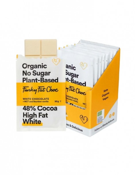 Funky Fat Choc White - 50g Tafel - Vegane Bio Schokolade mit MCTs - Box a 10 Tafeln 4.40 statt 4.90 pro Tafel - BEST BEFORE SEPTEMBER 2024